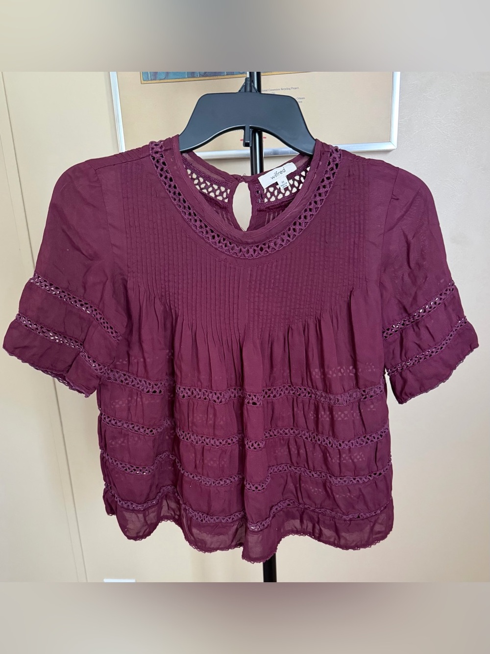 Aritzia Wilfred Plum Crochet-Trim Pintuck Blouse Size XS